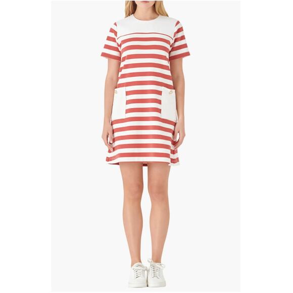 English Factory Burnt Orange/White Stripe Patch Pocket Shift Dress Small NWT - Picture 1 of 8